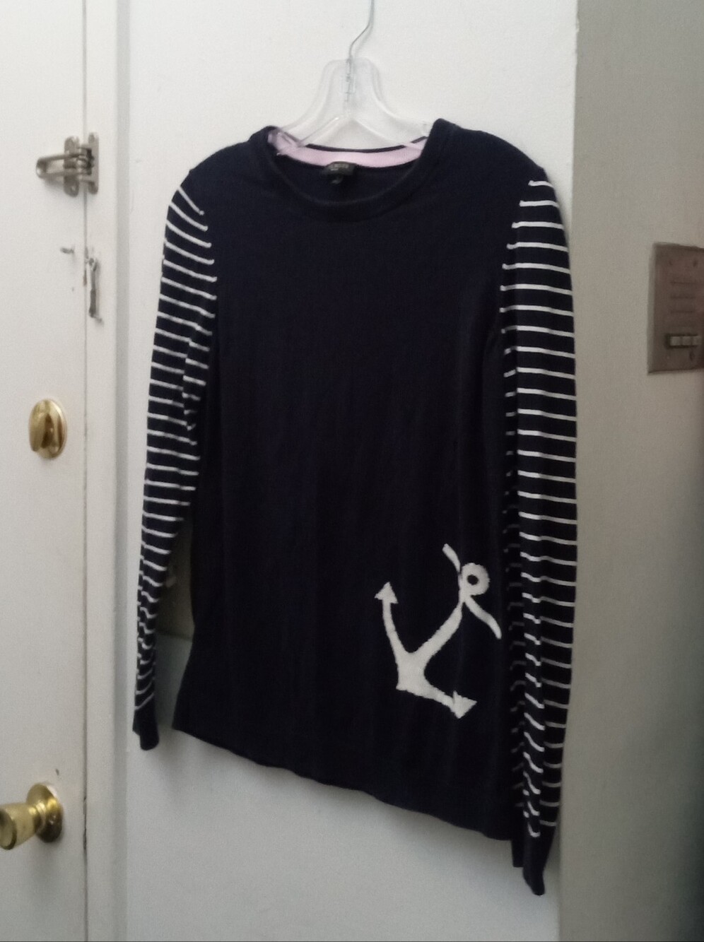 Talbots Navy Sweater with White Anchor & Striped Sleeves
